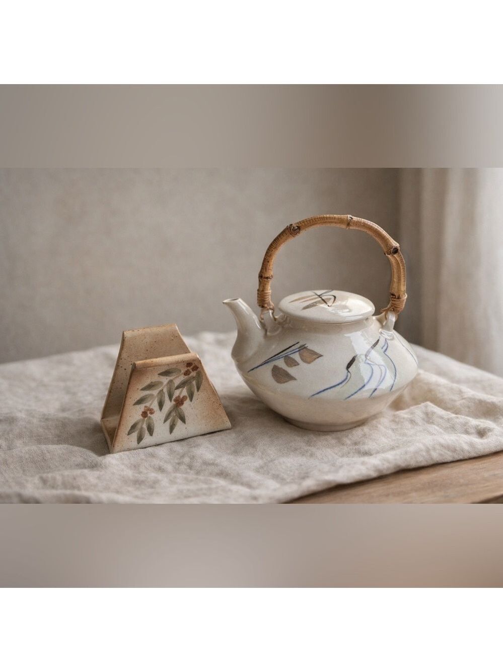 VINTAGE Hand-Painted Ceramic Teapot & Matching Napkin Holder Set Bamboo Handle
